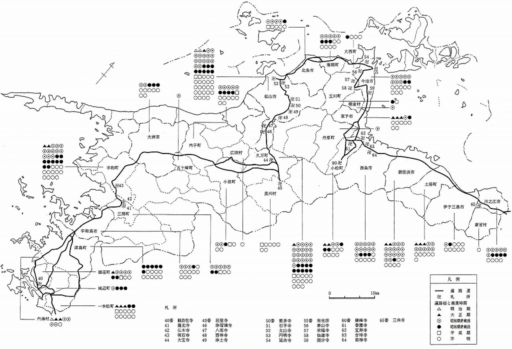 図表1-2-8　愛媛県内のかつての遍路宿と廃業時期