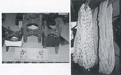 写真2-2-21　絣織りのためのカセ（糸巻き道具）とカセ糸